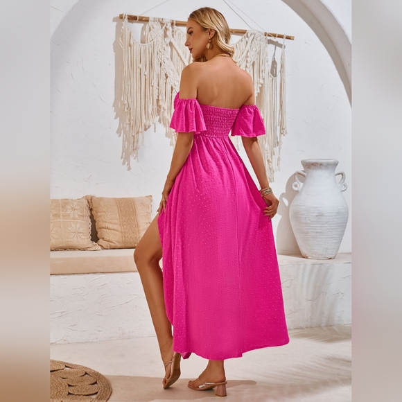 High-Low Smocked Short Sleeve Midi Dress - Picture 3 of 6